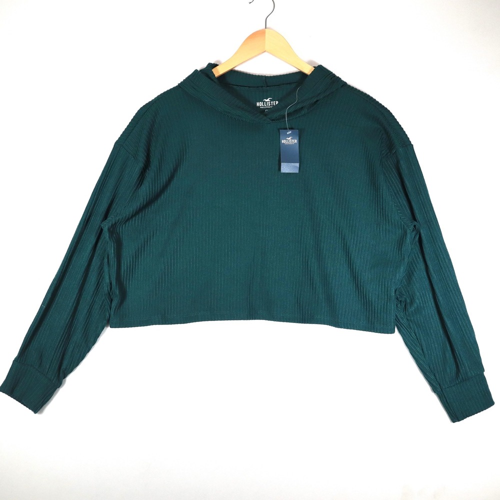 Hollister Hoodie Women Large Green Ribbed Knit Cropped Pullover Casual Top